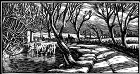 wood-engraving original print: March for Time and Tide calendar